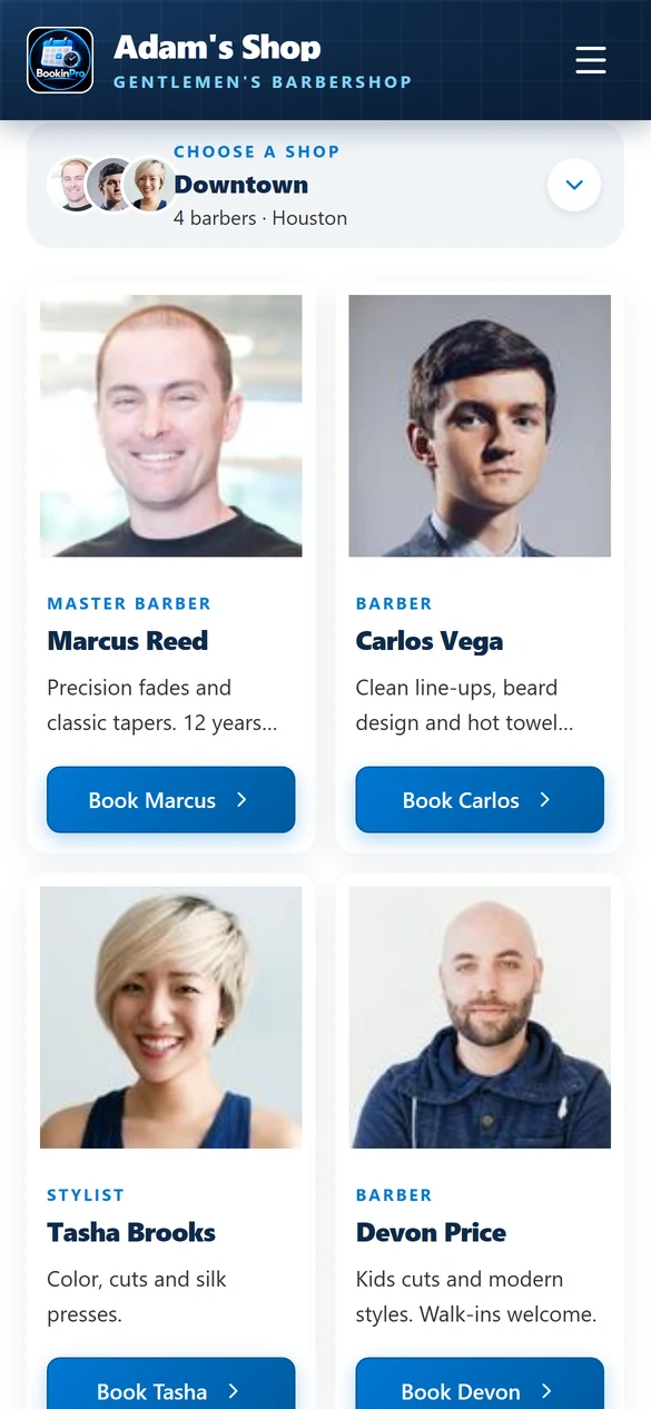 Customer booking site showing the team with photos