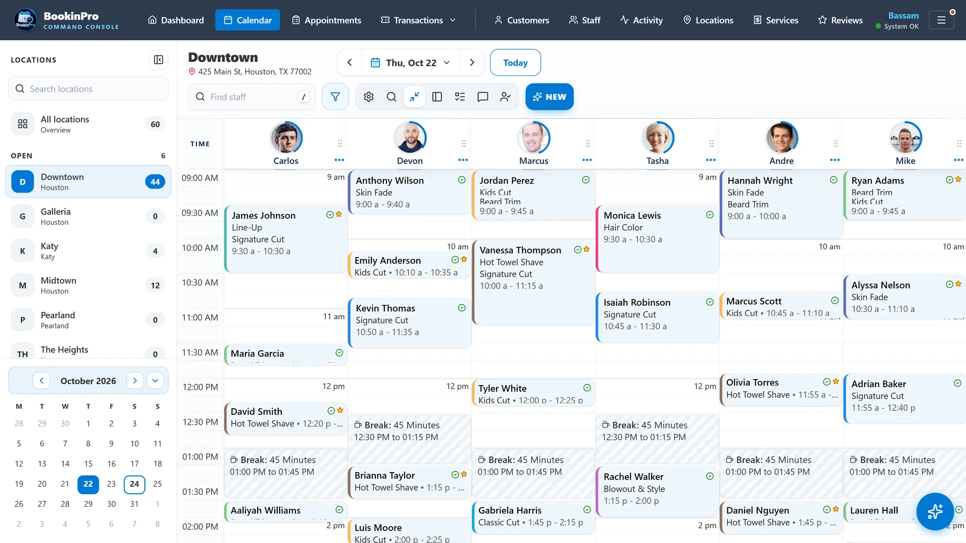 BookinPro live calendar with six staff columns, appointments and lunch breaks