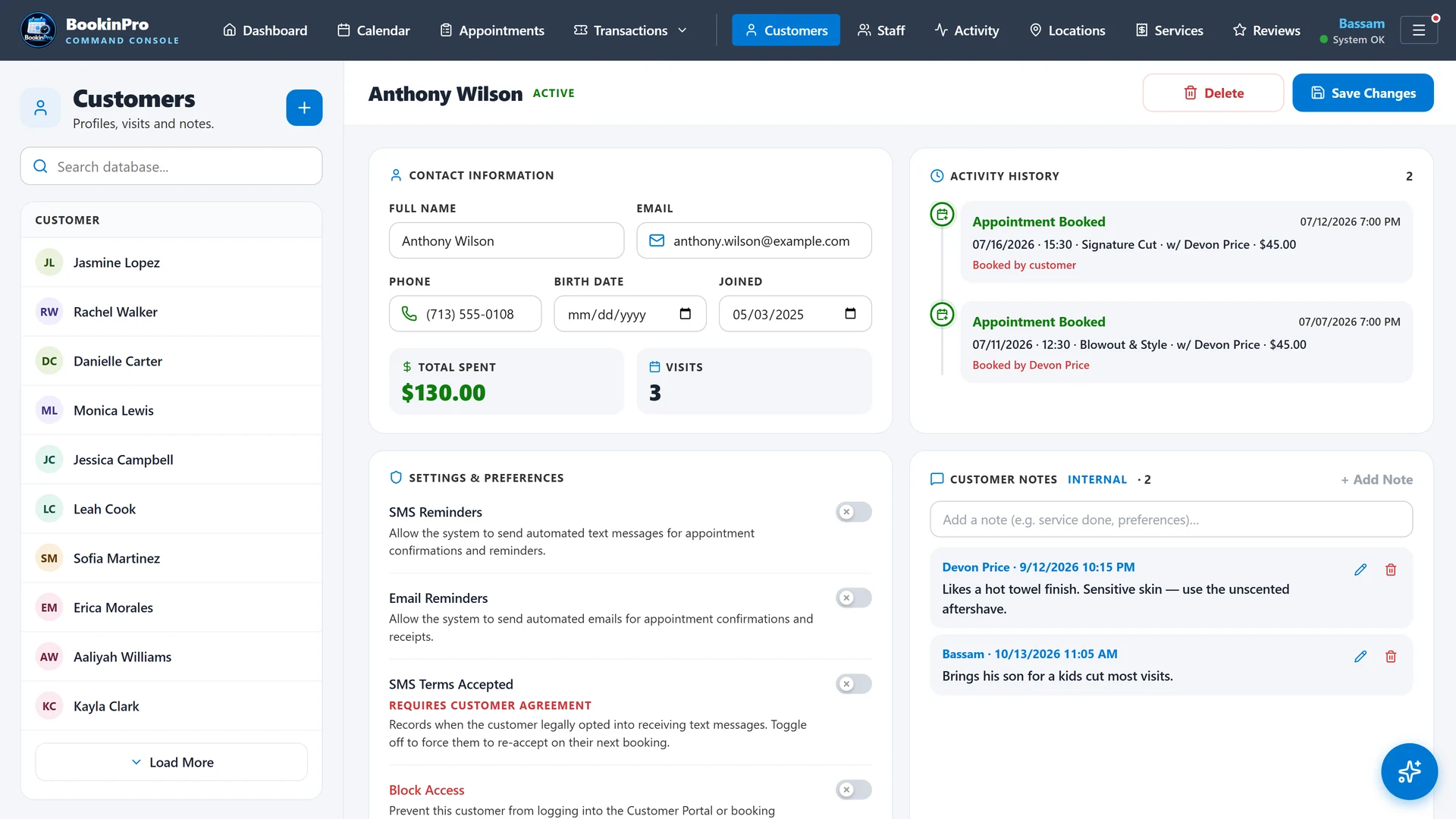 Customer profile with visits, total spent, activity and notes