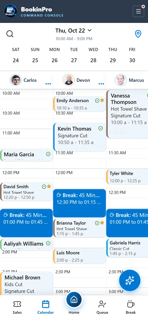 BookinPro staff app calendar on a phone