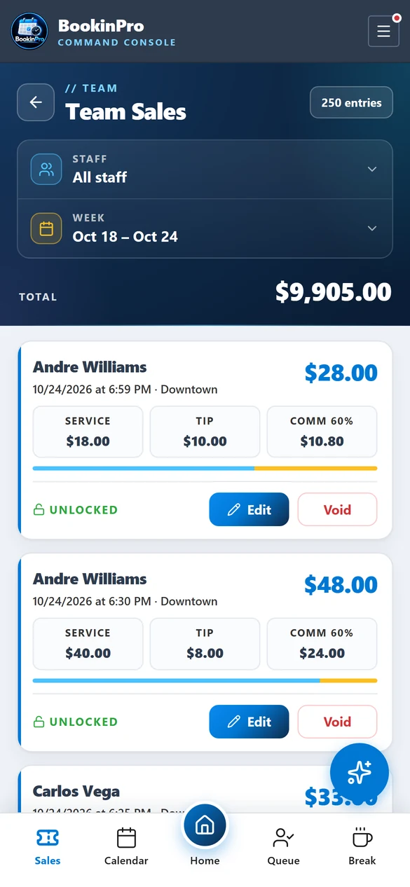Team sales and tips on the staff app