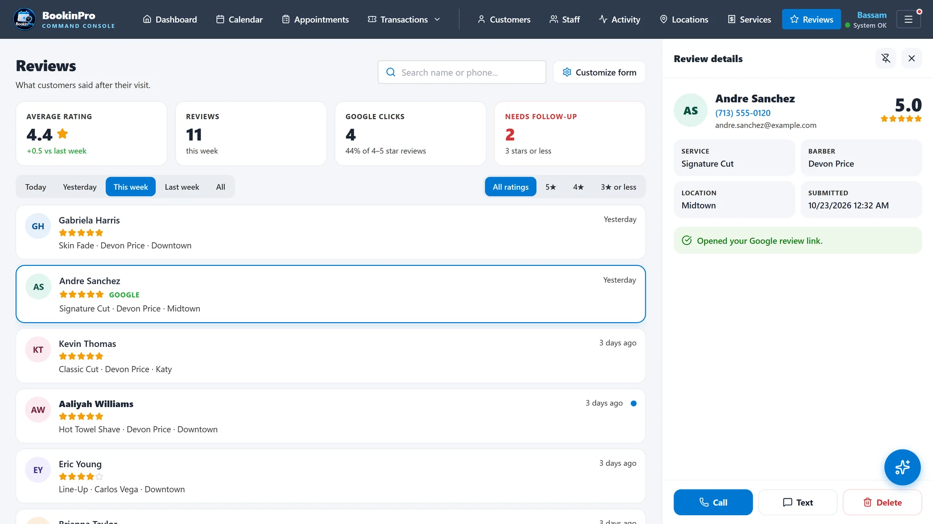 Reviews dashboard with ratings, Google clicks and follow-ups